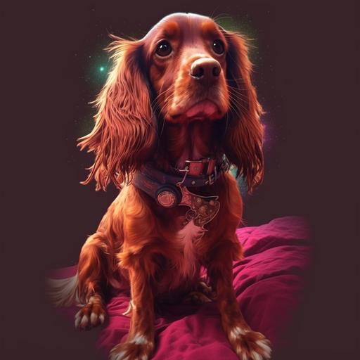 steam punk red working cocker spaniel in an infinite dog sweater, neon outlines, outer space background, with  --q 4 --v 4