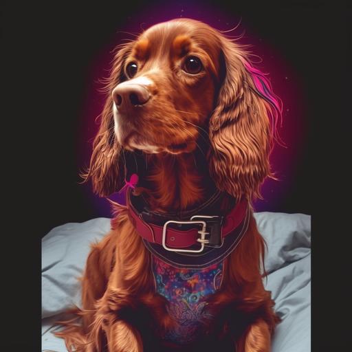 steam punk red working cocker spaniel in an infinite dog sweater, neon outlines, outer space background, with  --q 4 --v 4
