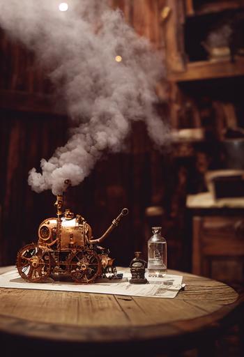 steam punk toy on the wooden table inside a tent, photograph, intricate details, hyper realistic --ar 2:3 --testp --upbeta --upbeta