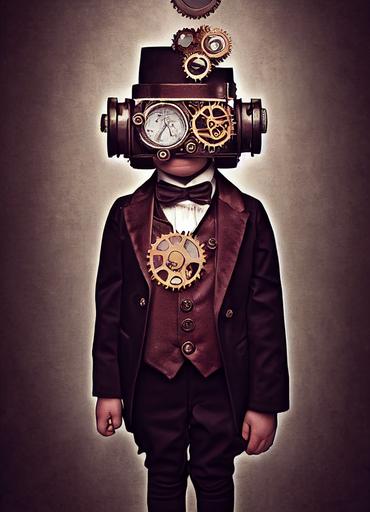 steampunk baby wearing a tuxedo, exposed brain with gears, portrait, epic, cinematic photography, realistic, 4k —ar 3:4 —creative —test --upbeta --upbeta --upbeta