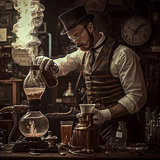 steampunk barista making iced coffee drip chemistry laboratory cafe graduated cylinder beaker spiral hose metropolis noir cinematic