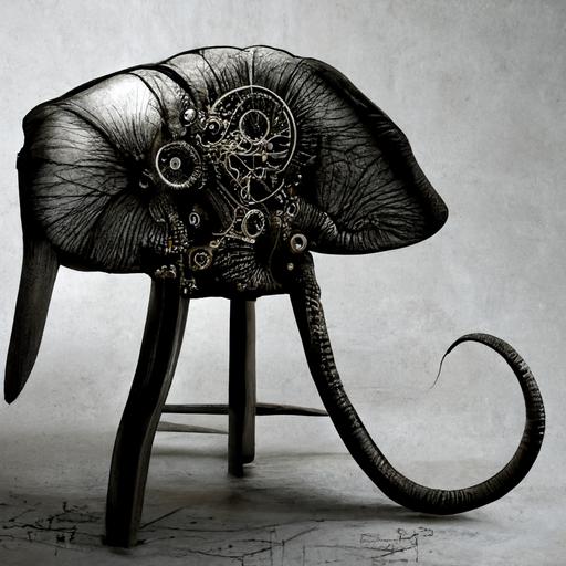 steampunk, biomechanical elephant, needle, mouse, office, black and white, chair