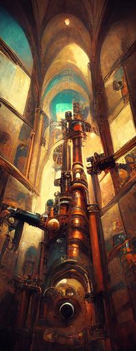 steampunk cathedral boiler room interior, copper pipework, team fortress 2, symmetrical colour theory, breath of the wild::1 gopro perspective, vanishing point::0.4 --ar 55:144 --chaos 0  --uplight