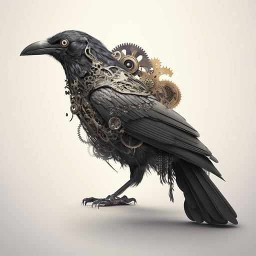 steampunk crow, raven with metal gears, clockwork raven, black bird, black wing feathers, white texture background --q 2 --s 750