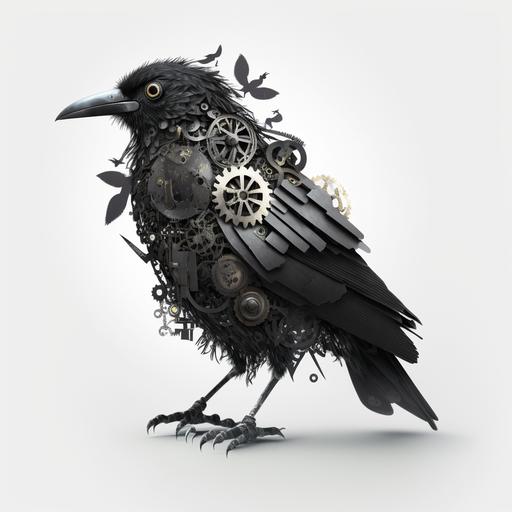 steampunk crow, raven with metal gears, clockwork raven, black bird, black wing feathers, white texture background --q 2 --s 750
