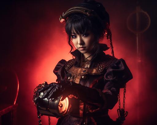 steampunk devil girl evil, goth, kuwaii, Japanese, Babymetal cinematic shot, photographic, cinematic lighting, detailed --ar 5:4 --v 5