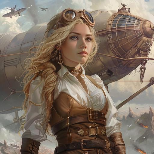 steampunk fantasy with a beautiful blonde woman, an airship and a spy