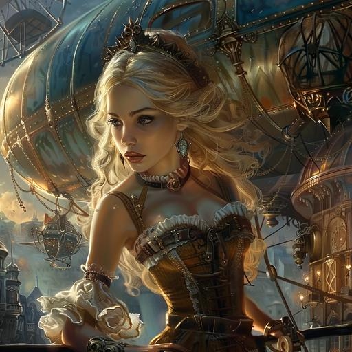 steampunk fantasy with a beautiful blonde woman, an airship and a spy --v 6.0
