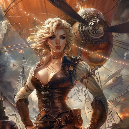 steampunk fantasy with a beautiful blonde woman, an airship and a spy