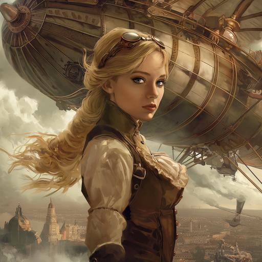 steampunk fantasy with a beautiful blonde woman, an airship and a spy --v 6.0