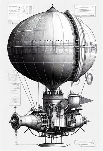 steampunk flying air steam ballon technical drawings with detalization cross-section black and white, 8k --ar 2:3 --style 4b --s 750 --upbeta