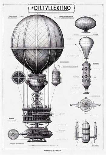 steampunk flying air steam ballon technical drawings with detalization cross-section black and white, 8k --ar 2:3 --style 4b --s 750 --upbeta