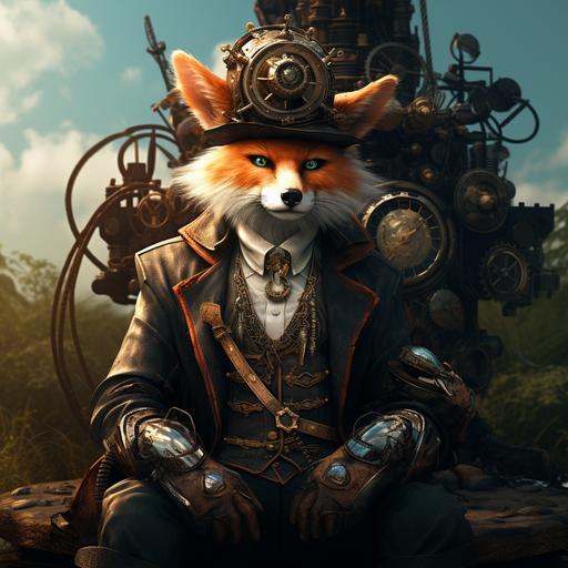steampunk fox sitting by a fantasy fox, digital art