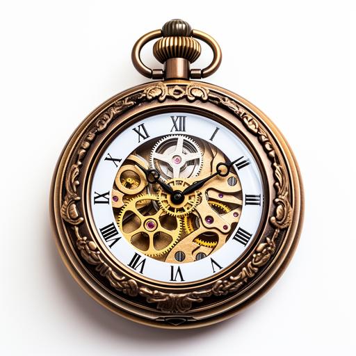steampunk pocket watch with gears white background
