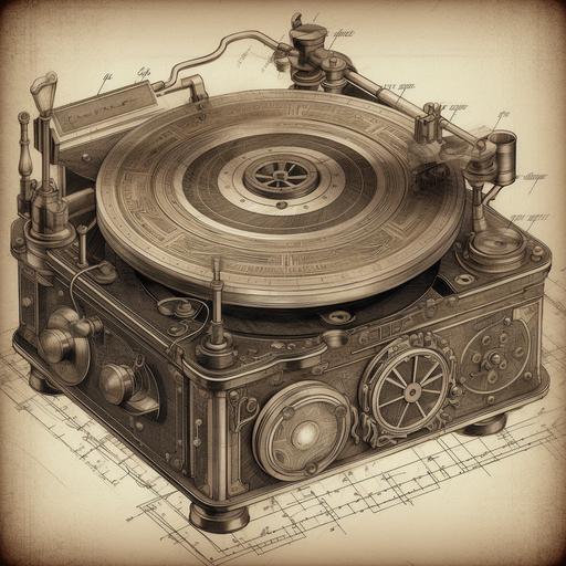 steampunk record player mechanical drawing --v 5 --s 250 --q 2