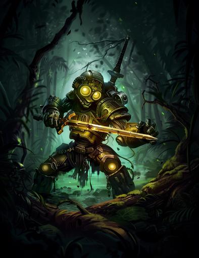 steampunk robot with sword in swamp, horror, green coloring, precise details --sref  --ar 91:118