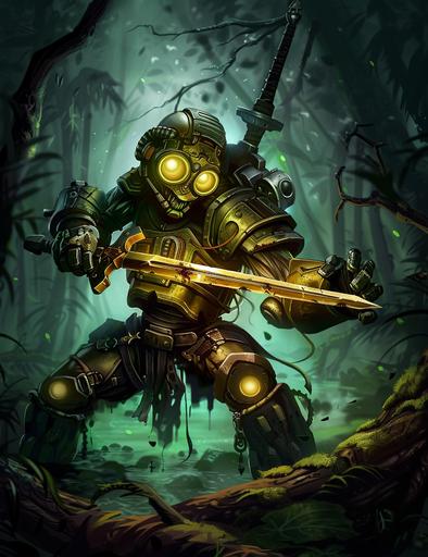 steampunk robot with sword in swamp, horror, green coloring, precise details --sref  --ar 91:118