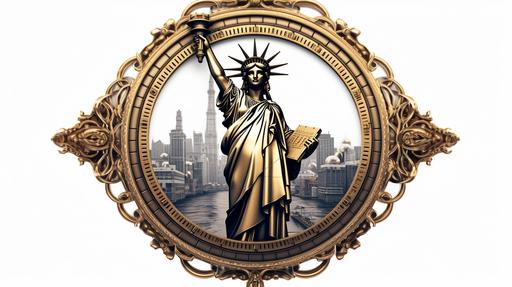 steampunk statue of liberty, 8k, within a circle, isolated on white background, bold lines, iconic, --ar 16:9