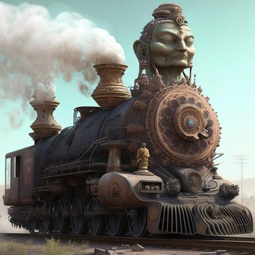 steampunk tibetan buddha statue that also is a train and looks very realistic there should be lotus flowers on it and white smoke around it