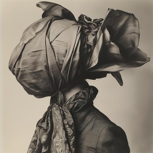 steampunk tulip mask headpiece with tie, by Irving Penn, black and white studio fashion photography --v 6.0