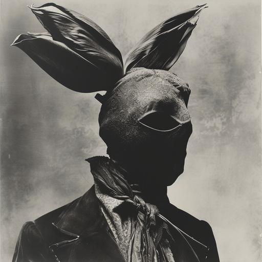 steampunk tulip mask headpiece with tie, by Irving Penn, black and white studio fashion photography --v 6.0