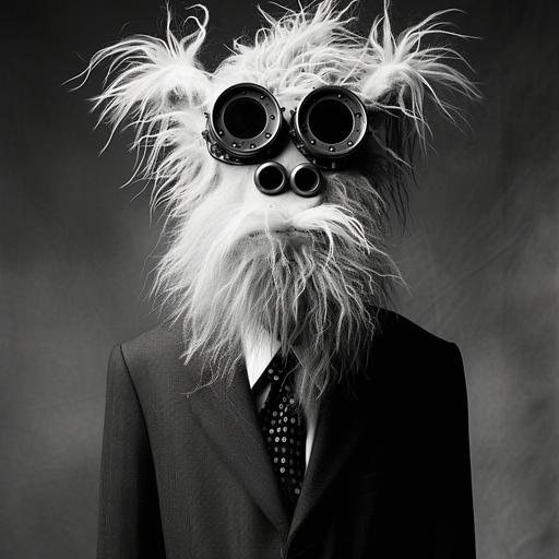 steampunk yeti mask headpiece with tie, by Irving Penn, black and white studio fashion photography --v 6.0