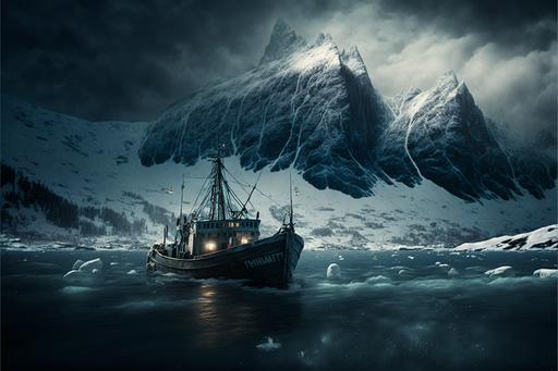 steep mountains in the background ::1 ice covered fjord ::2 norway 100 years ago ::2 fishing willage ::1 fishing boat catching fish with nets ::2 darkness photorealistic ::2 --ar 3:2