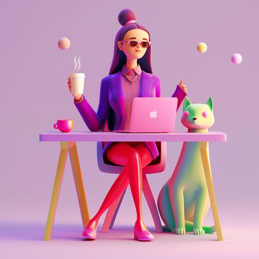 Office worker girl in 3d style, sitting at desk at laptop in red pants and purple velvet blazer, drinking coffee, purple and red colors, cartoon style, cute, fluffy, minimalism --v 6.0