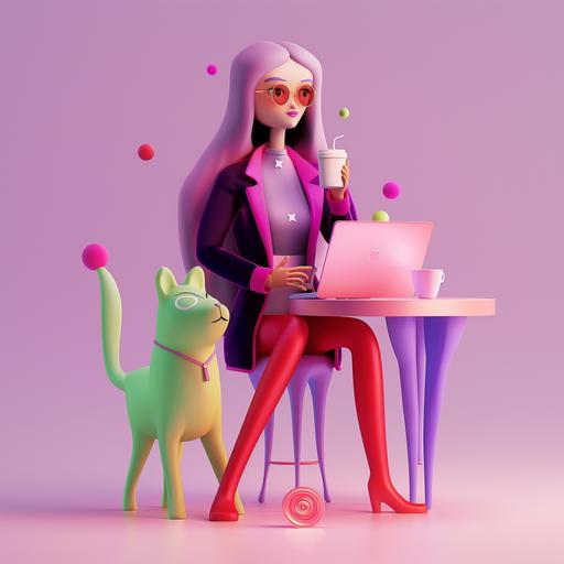 Office worker girl in 3d style, sitting at desk at laptop in red pants and purple velvet blazer, drinking coffee, purple and red colors, cartoon style, cute, fluffy, minimalism --v 6.0