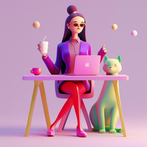 Office worker girl in 3d style, sitting at desk at laptop in red pants and purple velvet blazer, drinking coffee, purple and red colors, cartoon style, cute, fluffy, minimalism