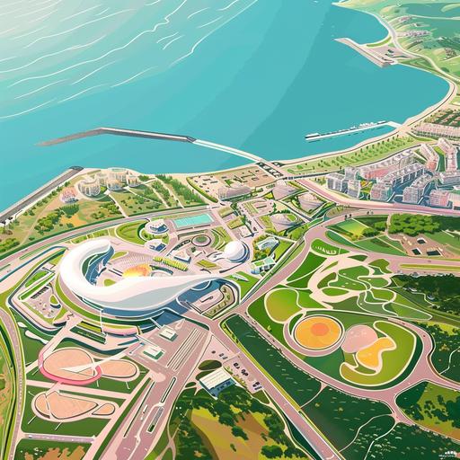 an illustration of Sochi Sirius Territory view from the sky. Cartoon 2d simple vector style. Pink, Yellow and green colors