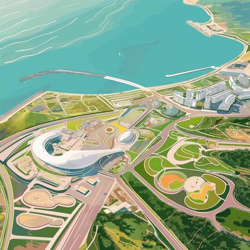an illustration of Sochi Sirius Territory view from the sky. Cartoon 2d simple vector style. Pink, Yellow and green colors --v 6.0