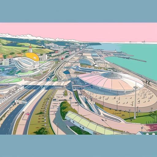 drawing of Sochi Sirius station view from the sky. Cartoon 2d simple vector style. Pink, Yellow and green colors