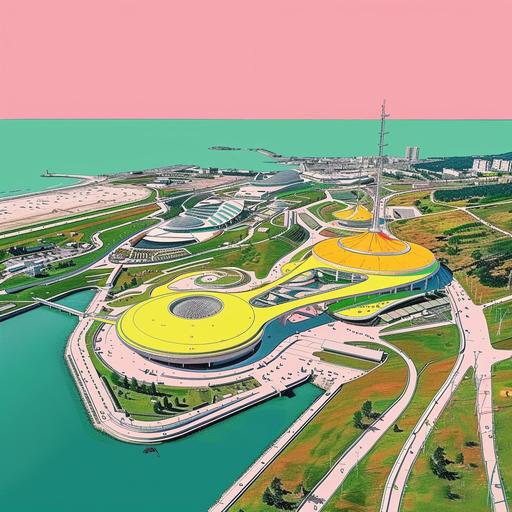 drawing of Sochi Sirius station view from the sky. Cartoon 2d simple vector style. Pink, Yellow and green colors --v 6.0