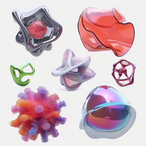 set of abstract 3d objects made of glass, metal, mate, glossy materials, red and violet colors, white background