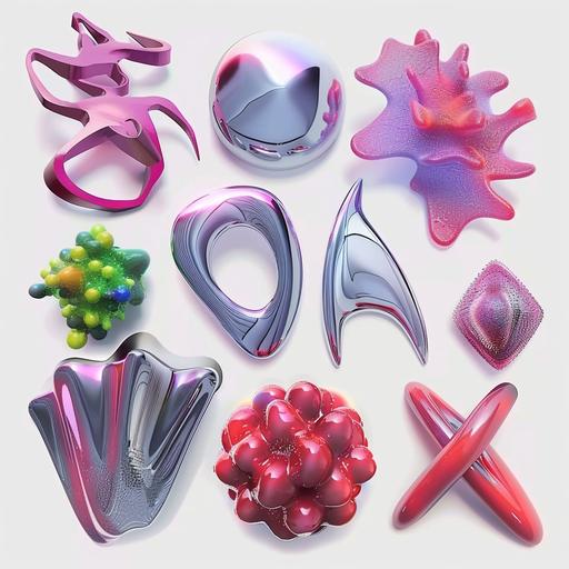 set of abstract 3d objects made of glass, metal, mate, glossy materials, red and violet colors, white background