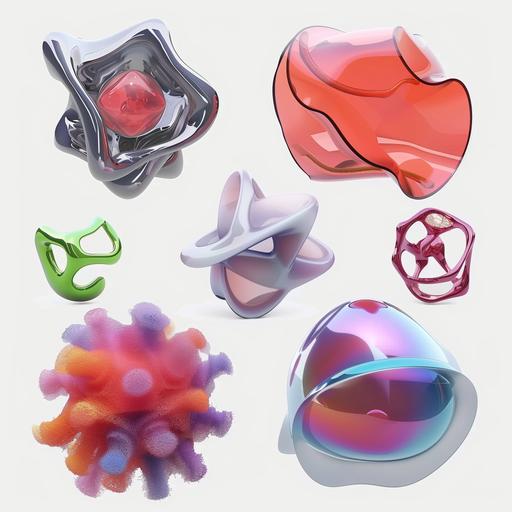 set of abstract 3d objects made of glass, metal, mate, glossy materials, red and violet colors, white background --v 6.0