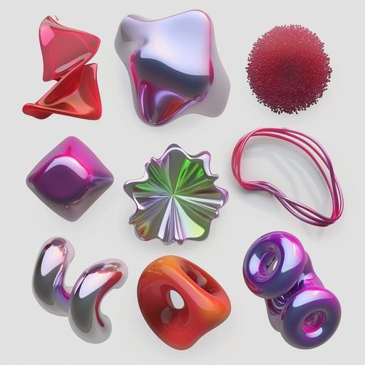 set of abstract 3d objects made of glass, metal, mate, glossy materials, red and violet colors, white background --v 6.0