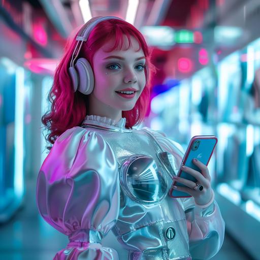 teenager girl cyberpunk shopping assistant, holding white i-phone 15, silver nails, medium-length red hair style, wearing fashionable silver robotic style suit, looking at camera, smiling happy, wearing headphones, violet, white, blue, red colors, clean blured background with white fashion shop shelves, photo --v 6.0
