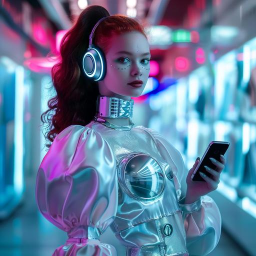 teenager girl cyberpunk shopping assistant, holding white phone, silver nails, medium-length red hair style, wearing fashionable silver robotic style suit, looking at camera, smiling happy, wearing headphones, violet, white, blue, red colors, clean blured background with white fashion shop shelves, photo --v 6.0