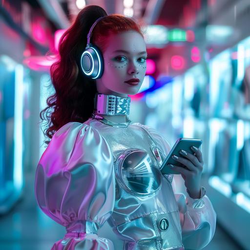 teenager girl cyberpunk shopping assistant, holding white phone, silver nails, medium-length red hair style, wearing fashionable silver robotic style suit, looking at camera, smiling happy, wearing headphones, violet, white, blue, red colors, clean blured background with white fashion shop shelves, photo --v 6.0