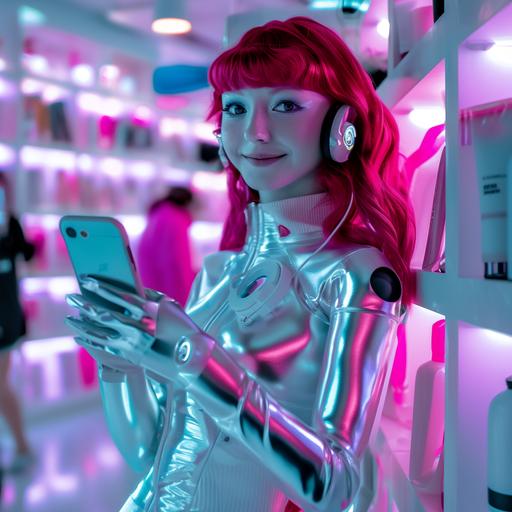 teenager girl cyberpunks shopping assistant, silver gloves, holding white phone, medium-length red hair style, silver nails wearing fashionable silver robotic style suit, looking at camera, smiling happy, wearing headphones, violet, white, blue, red colors, clean blured background with white fashion shop shelves, photo --v 6.0