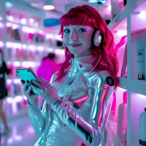 teenager girl cyberpunks shopping assistant, cyber silver nails, robotic hand holding white phone, medium-length red hair style, silver nails wearing fashionable silver robotic style suit, looking at camera, smiling happy, wearing headphones, violet, white, blue, red colors, clean blured background with white fashion shop shelves, photo --v 6.0