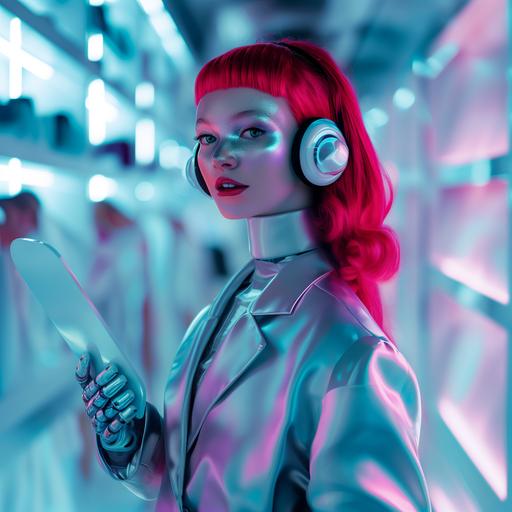 teenager girl-robot cyberpunk shopping assistant, medium-length red hair style, silver metal hand, wearing fashionable pink silver robotic style blazer, holding transparent neon luminous screen, looking at camera, smiling, glossy lips, wearing silver neon lights headphones, violet, white, blue, red colors, clean blured background with white fashion shop shelves, photo --v 6.0