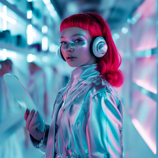 teenager girl-robot cyberpunk shopping assistant, medium-length red hair style, silver nails, wearing fashionable silver robotic style suit, holding transparent neon luminous screen, looking at camera, smiling white teeth, silber lipstick, wearing silver neon lights headphones, violet, white, blue, red colors, clean blured background with white fashion shop shelves, photo --v 6.0