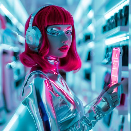 teenager girl-robot cyberpunk shopping assistant, medium-length red hair style, silver metal hand, wearing fashionable silver robotic style dress, holding transparent neon luminous screen, looking at camera, smiling white teeth, glossy lips, wearing silver neon lights headphones, violet, white, blue, red colors, clean blured background with white fashion shop shelves, photo --v 6.0