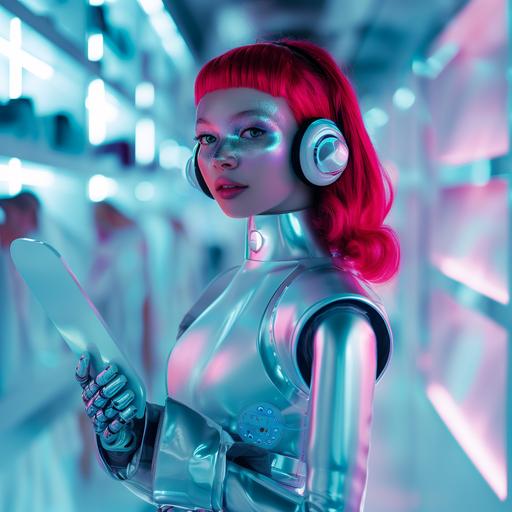 teenager girl-robot cyberpunk shopping assistant, medium-length red hair style, silver metal hand, wearing fashionable silver robotic style suit, holding transparent neon luminous screen, looking at camera, smiling white teeth, glossy lipstick, wearing silver neon lights headphones, violet, white, blue, red colors, clean blured background with white fashion shop shelves, photo --v 6.0