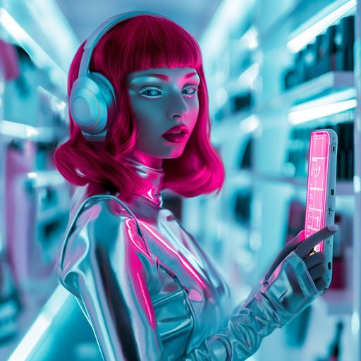 teenager girl-robot cyberpunk shopping assistant, medium-length red hair style, silver metal hand, wearing fashionable silver robotic style dress, holding transparent neon luminous screen, looking at camera, smiling white teeth, glossy lips, wearing silver neon lights headphones, violet, white, blue, red colors, clean blured background with white fashion shop shelves, photo --v 6.0