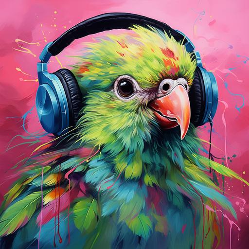 stern bird with headphone, green, pink and blue vaporous background - @Marion (fast)