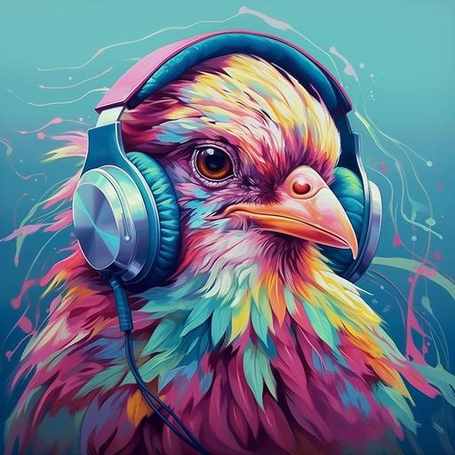 stern bird with headphone, green, pink and blue vaporous background - @Marion (fast)